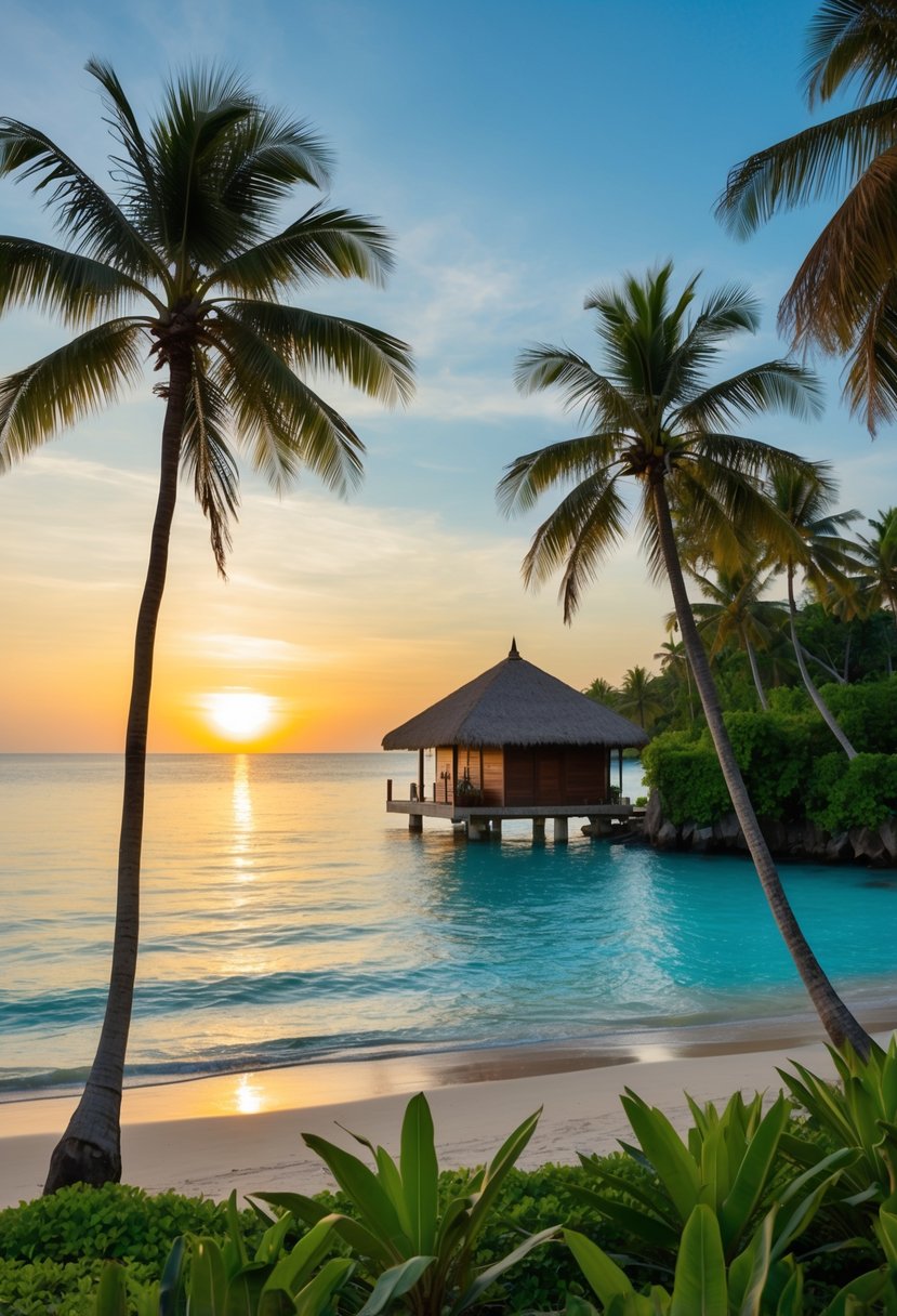 A serene beach at sunset with palm trees, clear blue water, and a traditional Balinese hut nestled in the lush greenery