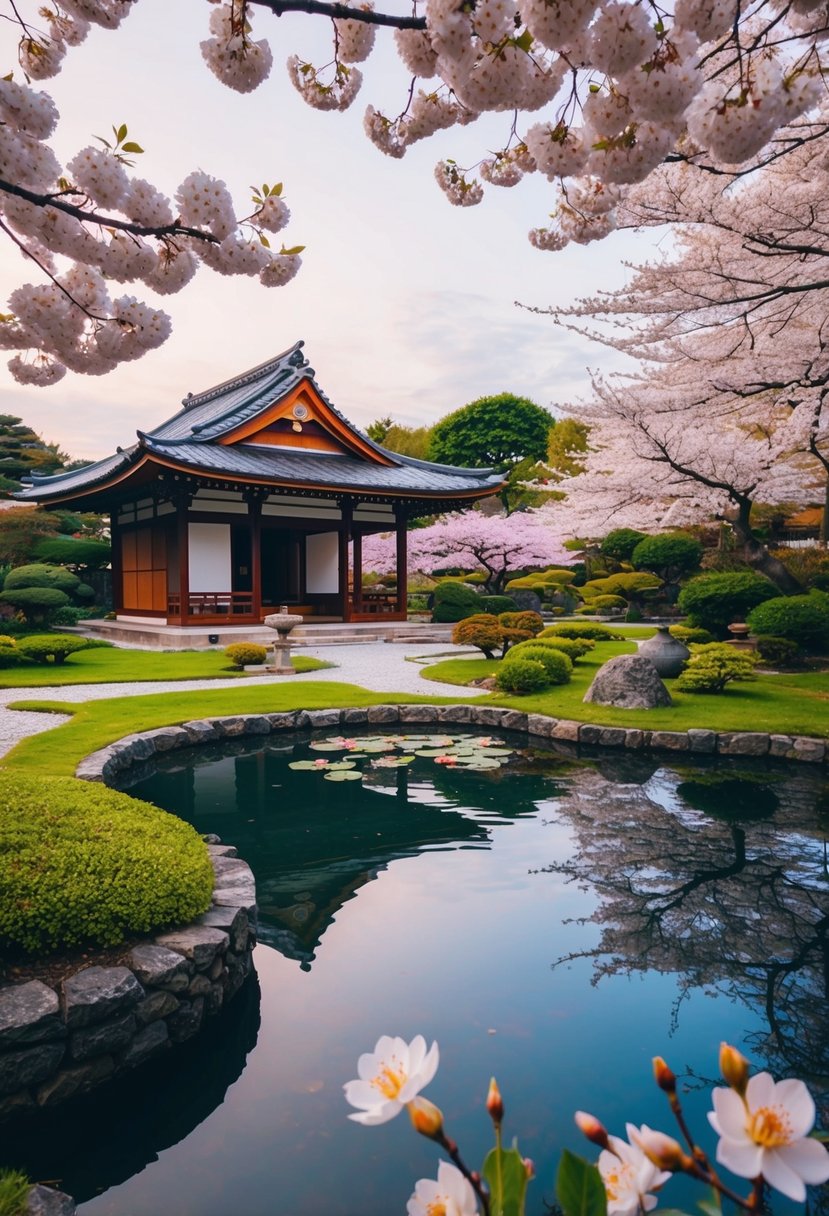A serene Japanese garden with a traditional tea house, koi pond, and blooming cherry blossoms