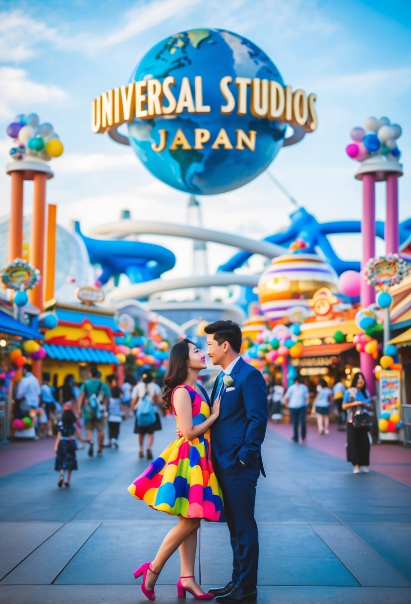 A colorful and lively scene at Universal Studios Japan in Osaka, with iconic attractions and a romantic atmosphere for honeymooners