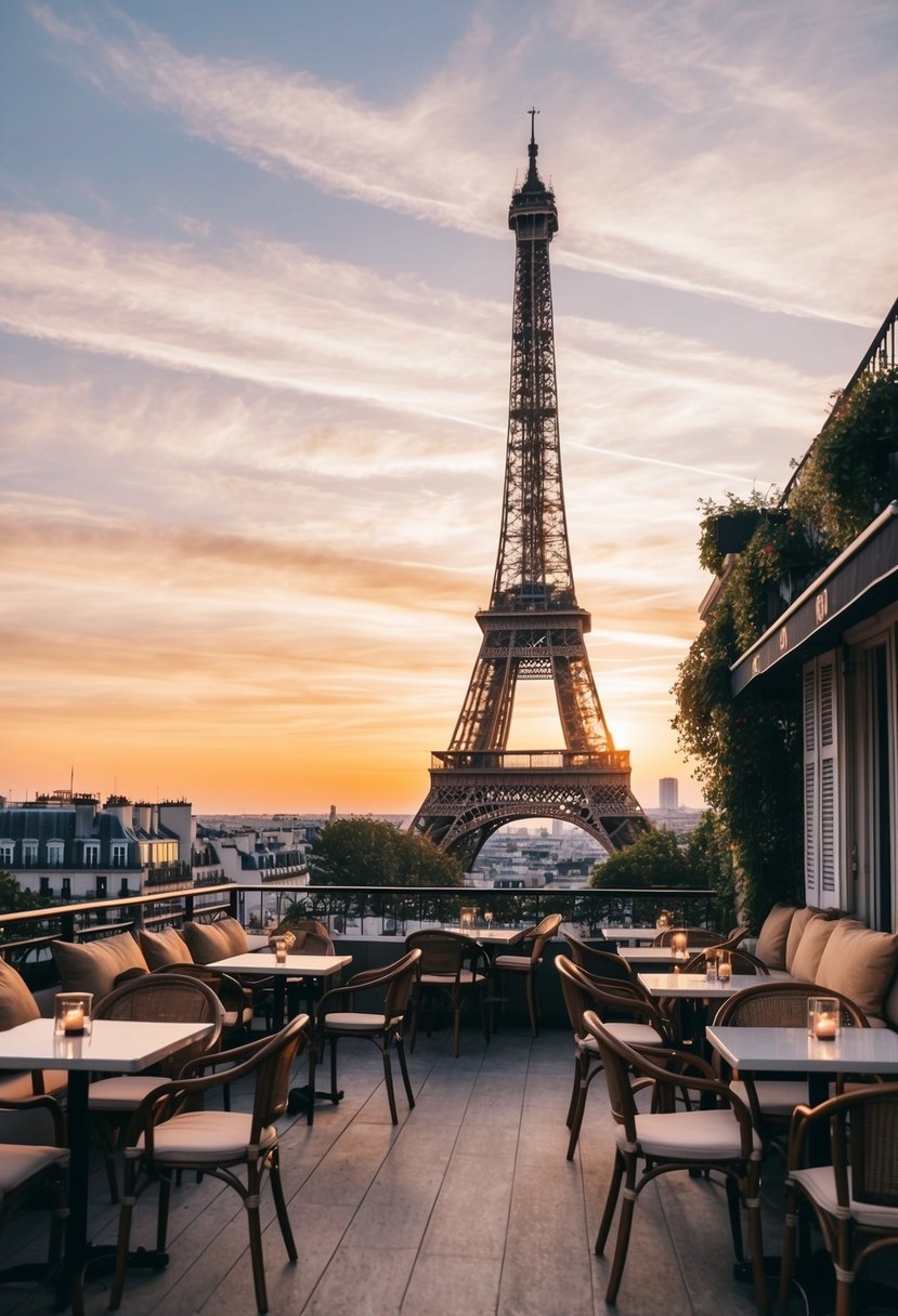 A romantic sunset view of the Eiffel Tower from a cozy Parisian rooftop cafe