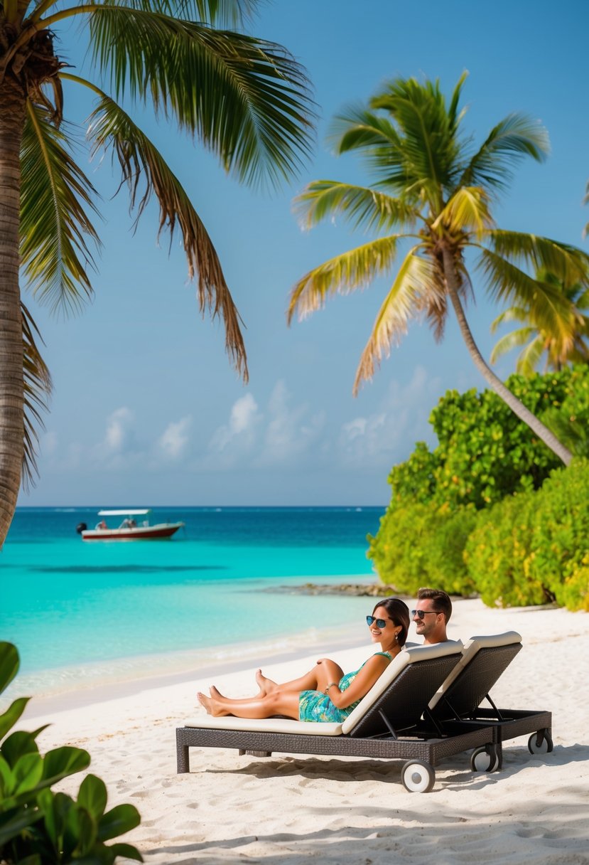 A couple lounges on a pristine beach, surrounded by lush tropical greenery and crystal-clear turquoise waters. A small boat bobs in the distance, and palm trees sway in the gentle breeze