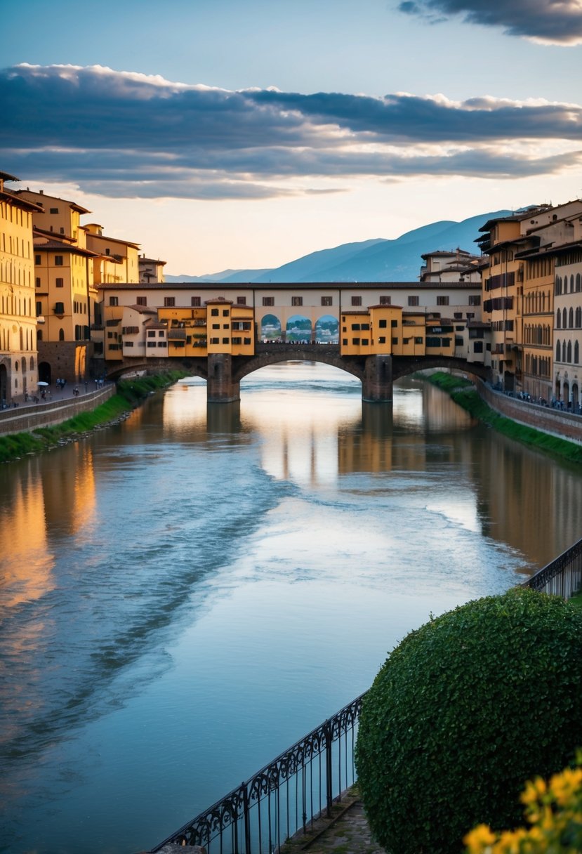 A scenic view of the Arno River winding through Florence, with the iconic Ponte Vecchio bridge and historic buildings lining the waterfront
