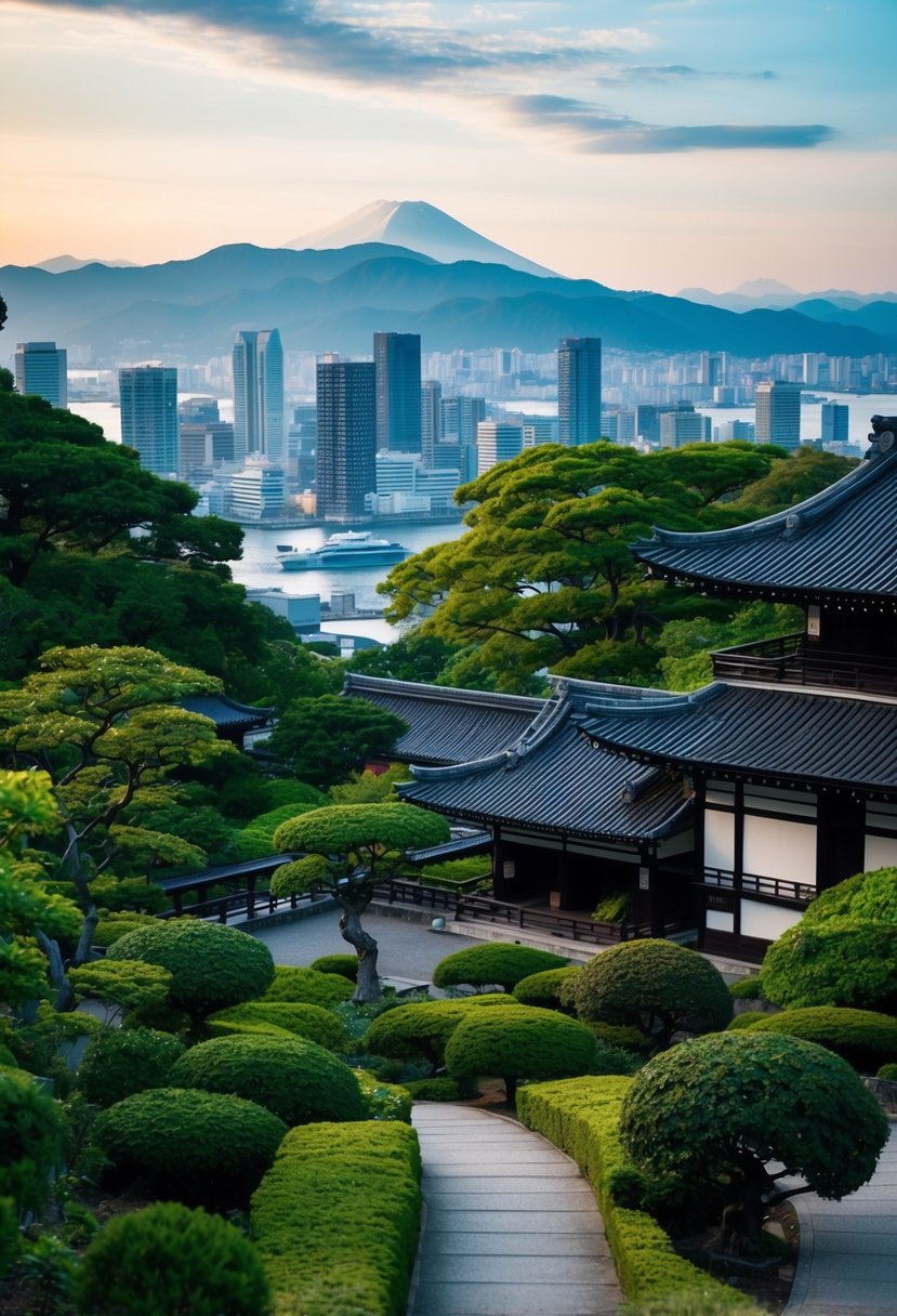 A serene garden with traditional Japanese architecture and lush greenery, overlooking the city of Nagasaki and the surrounding mountains