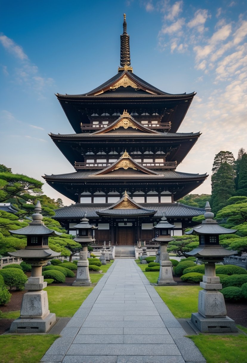 The grand Todaiji Temple in Nara, Japan, surrounded by lush gardens and ancient stone lanterns