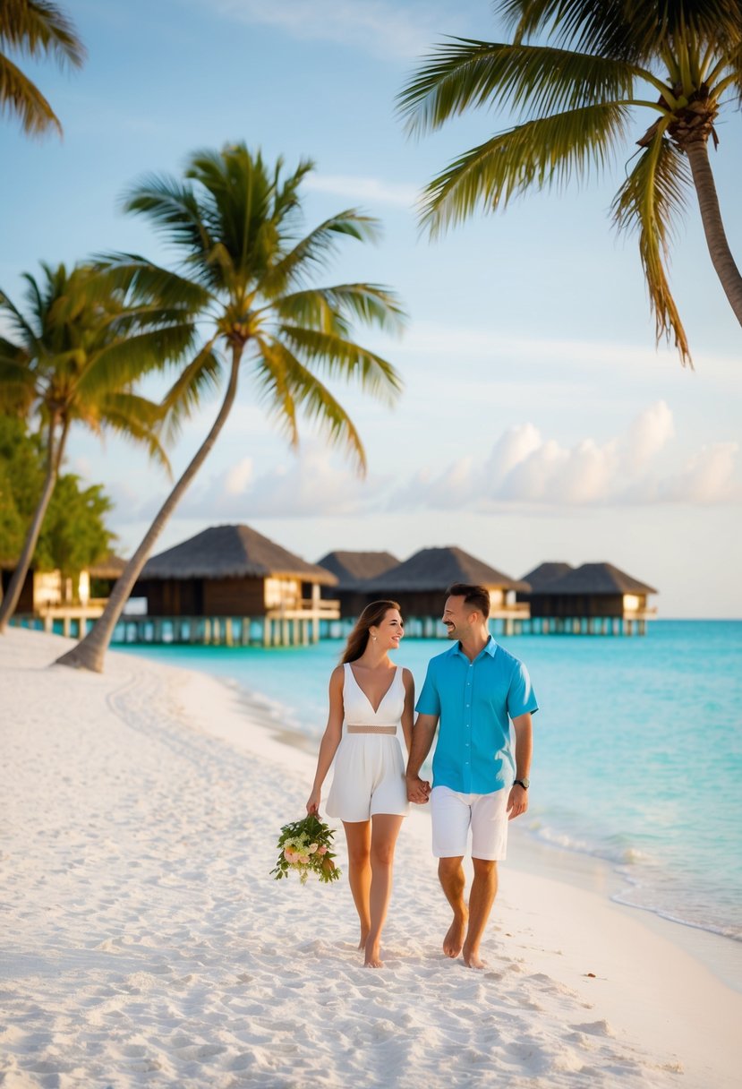 A couple strolling along a pristine white-sand beach, with overwater villas and turquoise waters in the background. Palm trees sway in the gentle breeze, creating a romantic and idyllic atmosphere