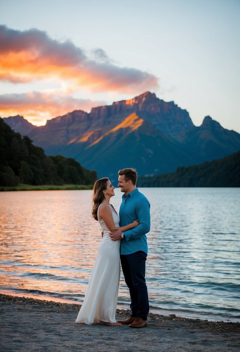 A couple stands on the shores of Lake Wakatipu with the Remarkables mountain range in the background, while a colorful sunset paints the sky