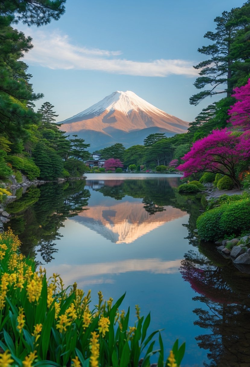 A serene lake reflects the majestic Mt. Fuji, surrounded by lush greenery and colorful flowers in Fujikawaguchiko, Japan