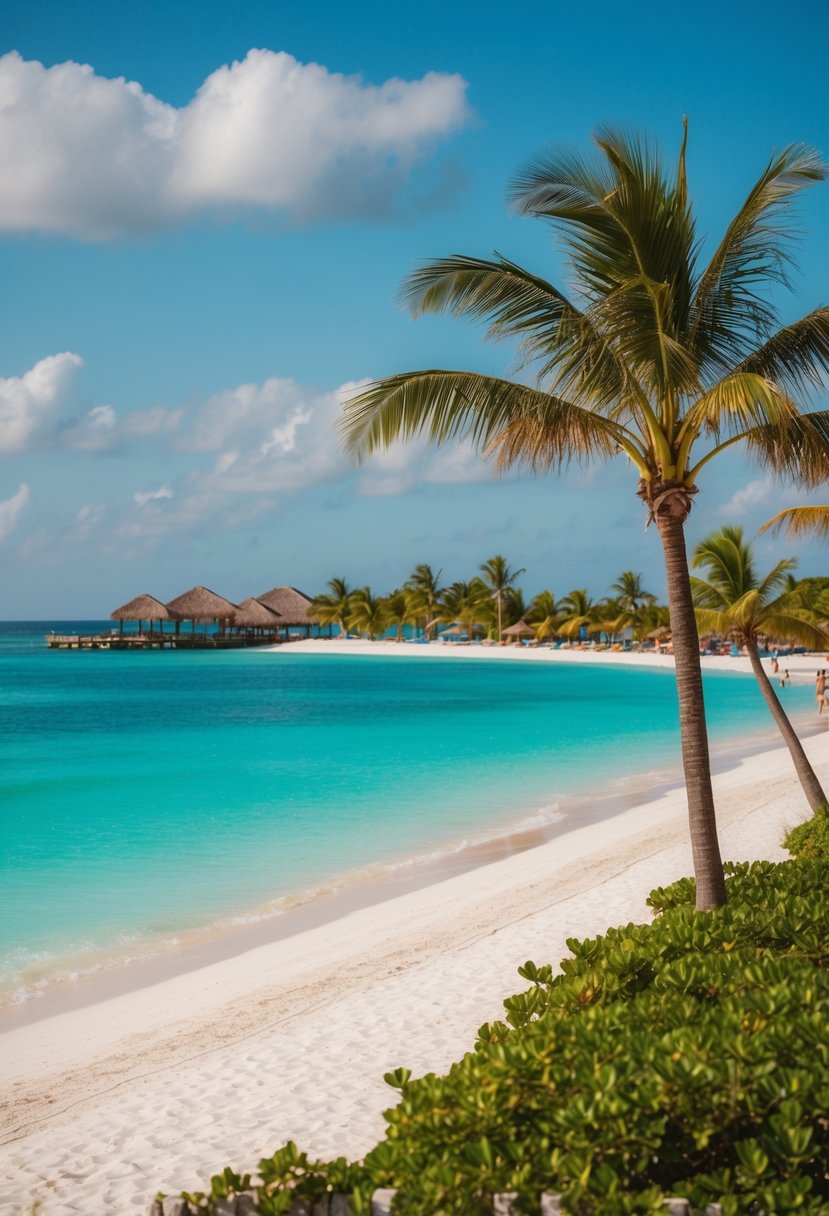 A picturesque beachfront view in Tulum, Mexico with turquoise waters, white sandy beaches, and lush green palm trees