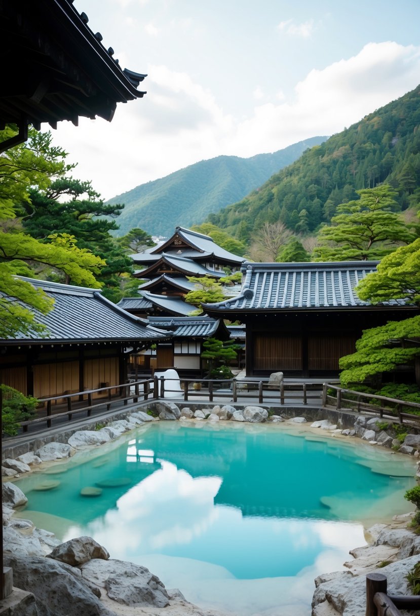 A serene hot spring nestled in the mountains of Kusatsu, Japan, surrounded by traditional wooden buildings and lush greenery
