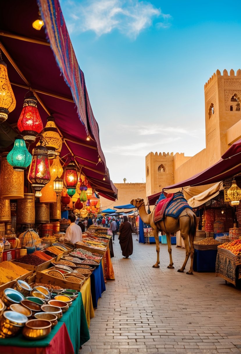 A bustling Marrakech market with colorful textiles, intricate lanterns, and exotic spices. A camel caravan passes by in the background