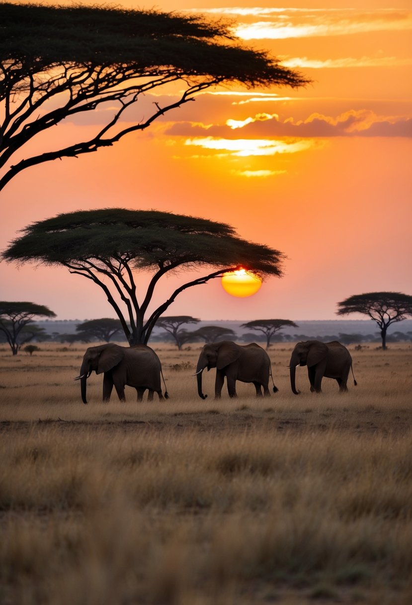 A sunset safari in Kenya, with a vast savanna, acacia trees, and a family of elephants grazing in the distance