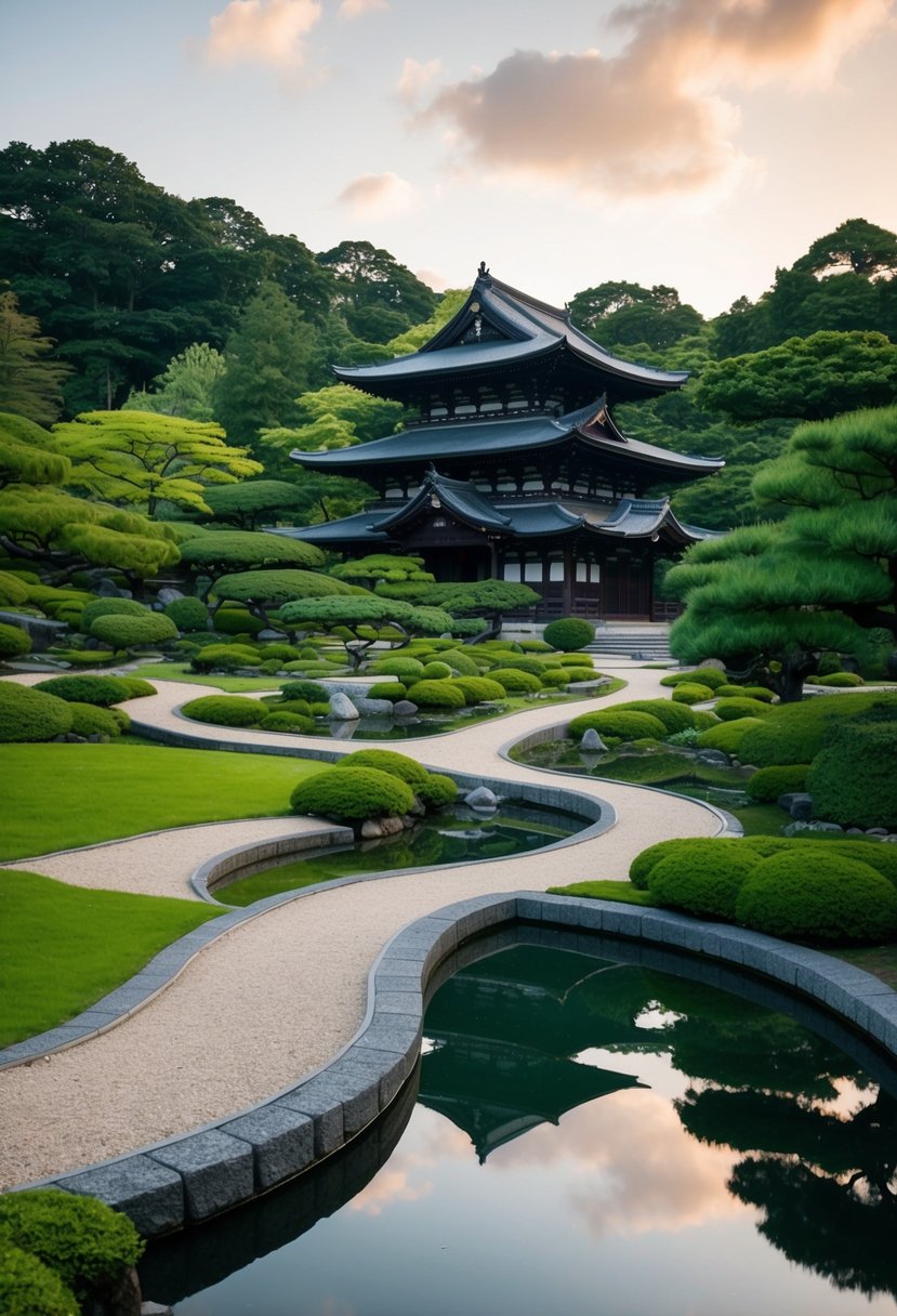Lush garden with winding paths, serene ponds, and traditional Japanese architecture in Isuien Garden, Nara