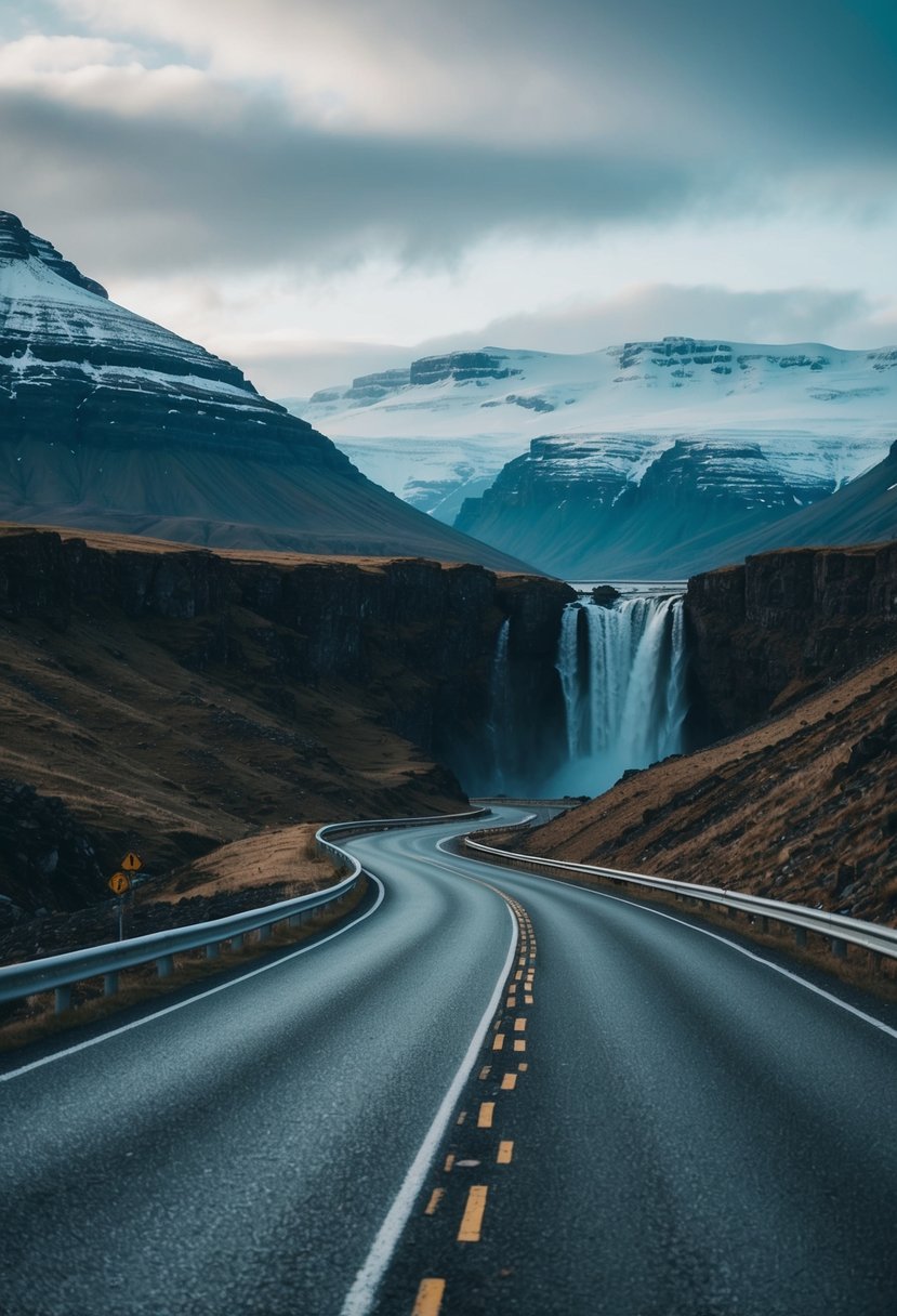 A winding road cuts through rugged Icelandic landscape, with snow-capped mountains in the distance and a cascading waterfall beside the route