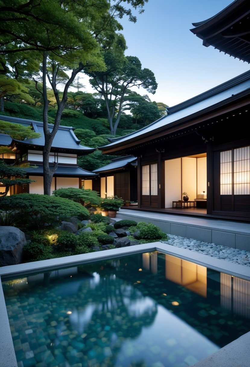 A serene spa retreat at Aman Tokyo, with traditional Japanese architecture, lush gardens, and a tranquil hot spring bath