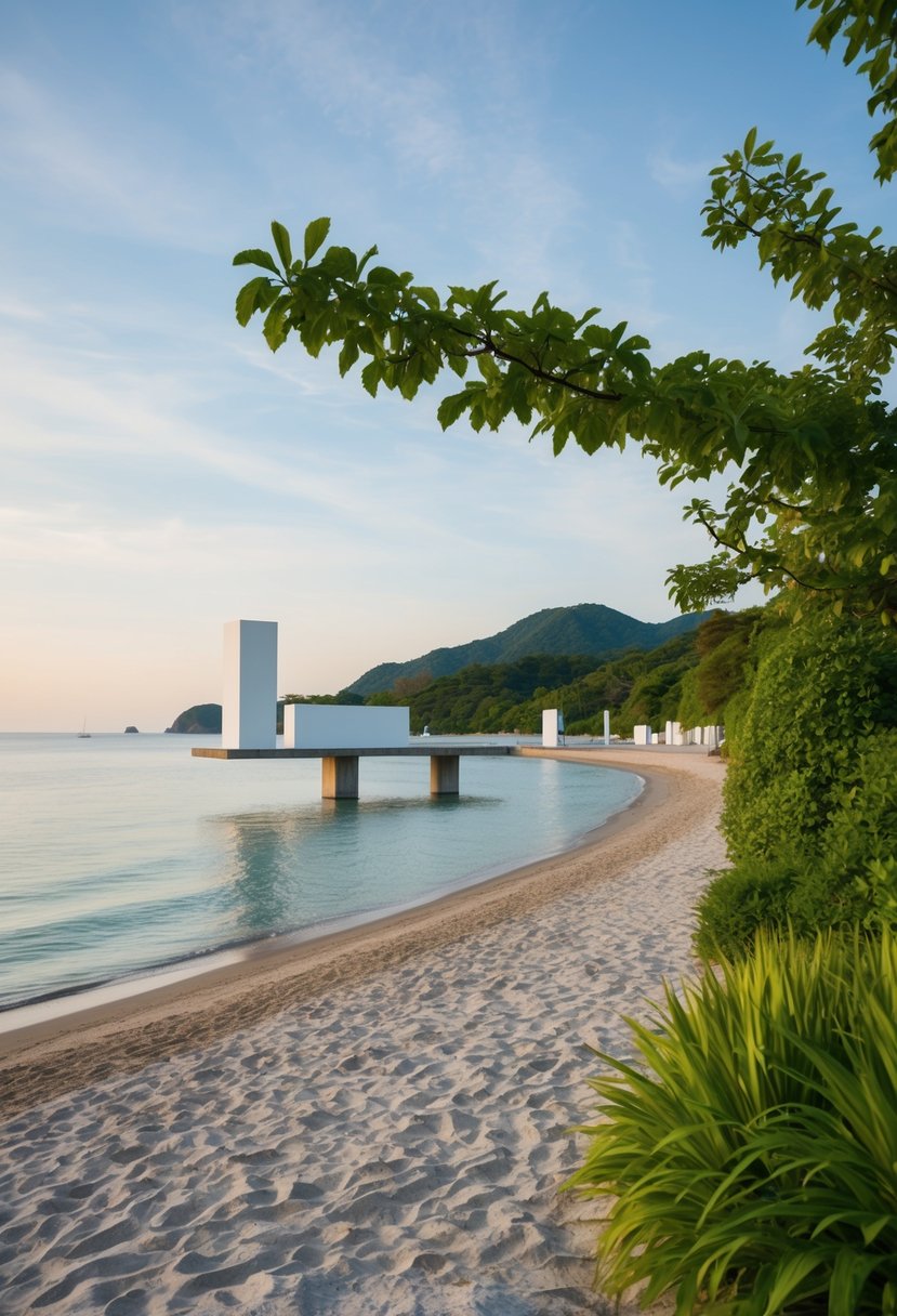 A serene beach with modern art installations and lush greenery on Naoshima Art Island, Japan