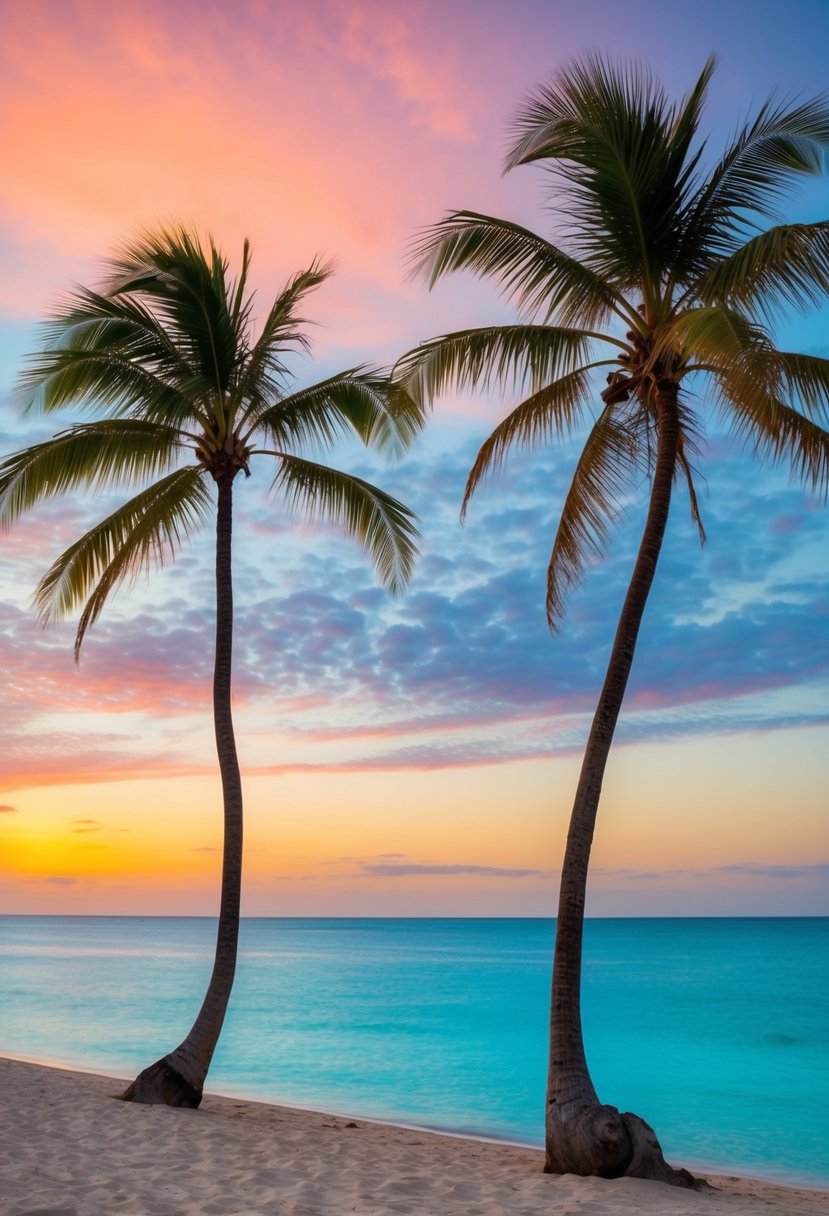 A serene beach with palm trees, clear blue waters, and a colorful sunset in the background