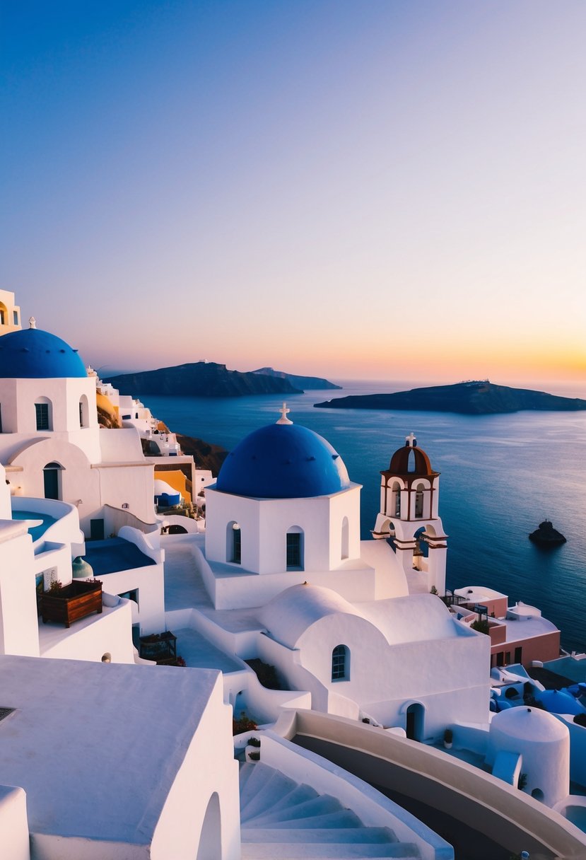 A picturesque sunset over the white-washed buildings of Santorini, with the iconic blue domes and crystal-clear waters