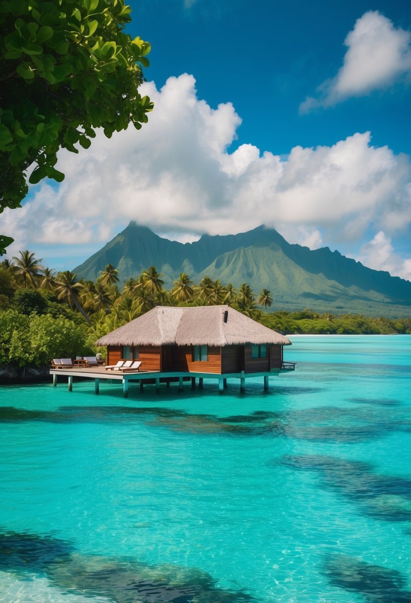 A secluded overwater bungalow on crystal-clear turquoise waters, surrounded by lush greenery and a backdrop of towering volcanic peaks