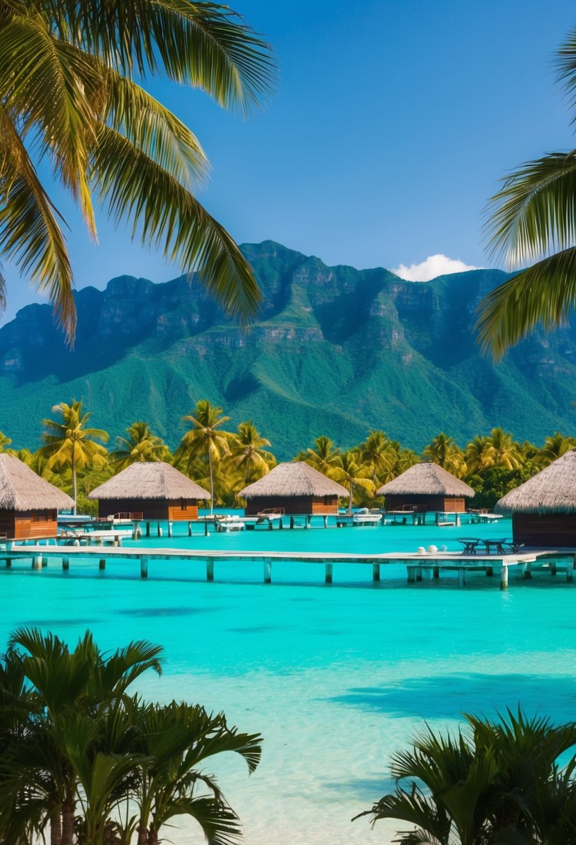 A turquoise lagoon surrounded by overwater bungalows, palm trees, and a backdrop of lush green mountains under a clear blue sky