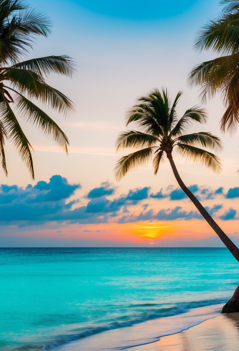 A serene beach with crystal-clear turquoise waters, palm trees swaying in the gentle breeze, and a colorful sunset over the horizon