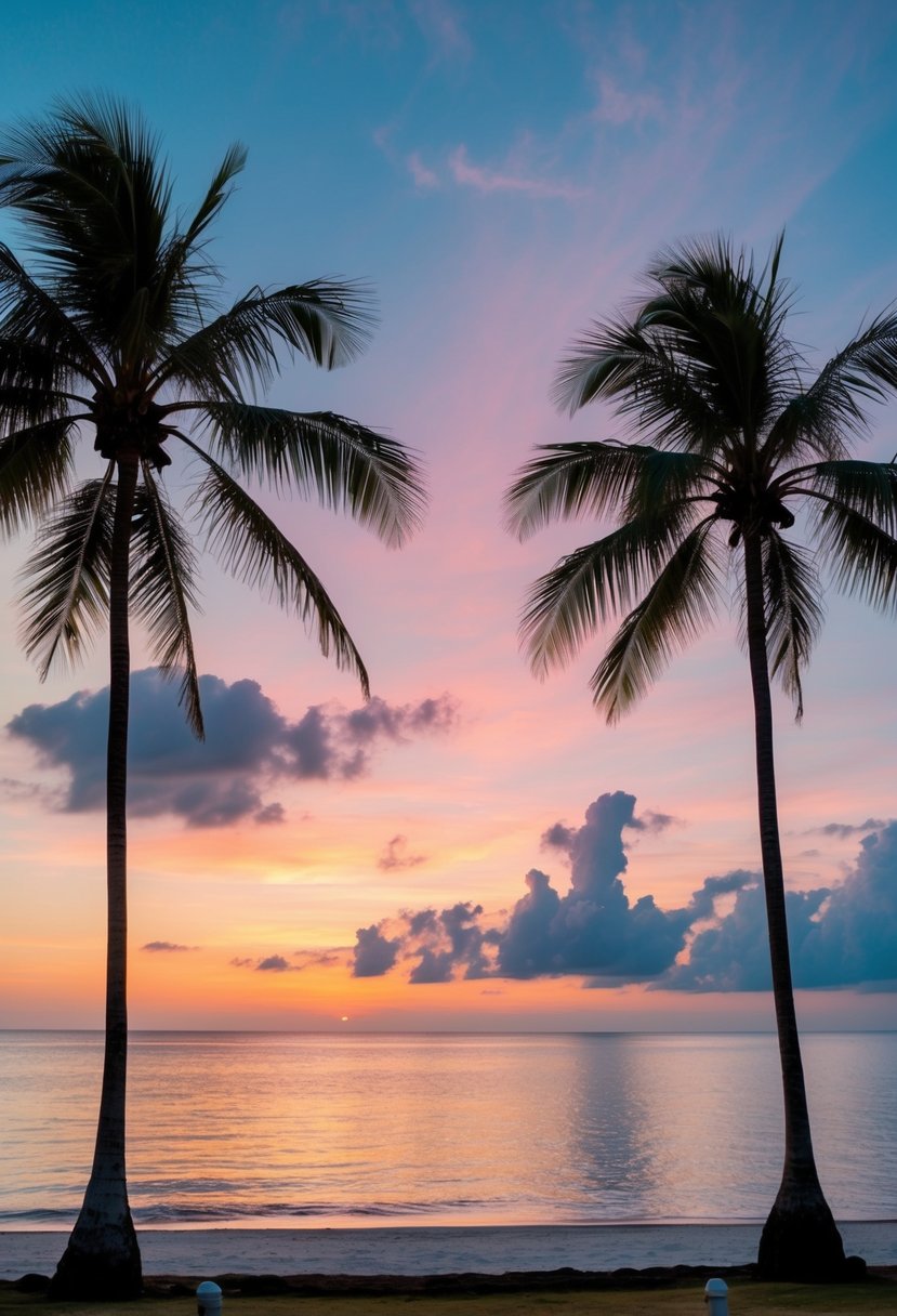 A serene beach at sunset, with palm trees, a calm ocean, and a colorful sky in Bali, Indonesia
