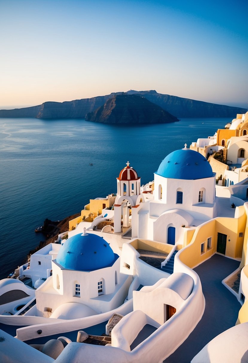 The iconic white-washed buildings of Santorini overlook the deep blue Aegean Sea, with colorful domes and winding pathways creating a picturesque scene