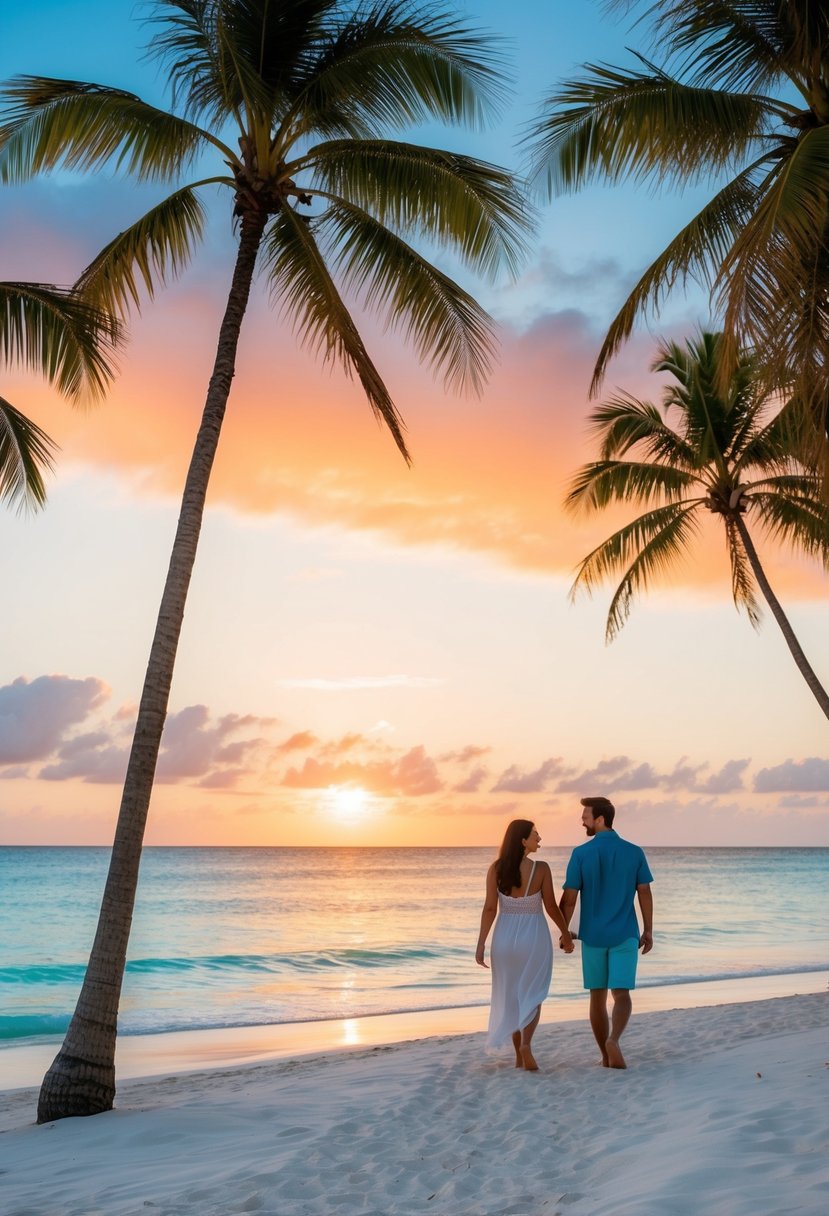 A couple strolling on a white sandy beach, palm trees swaying in the warm breeze, turquoise waters stretching into the distance, and a vibrant sunset painting the sky over the Fiji Islands