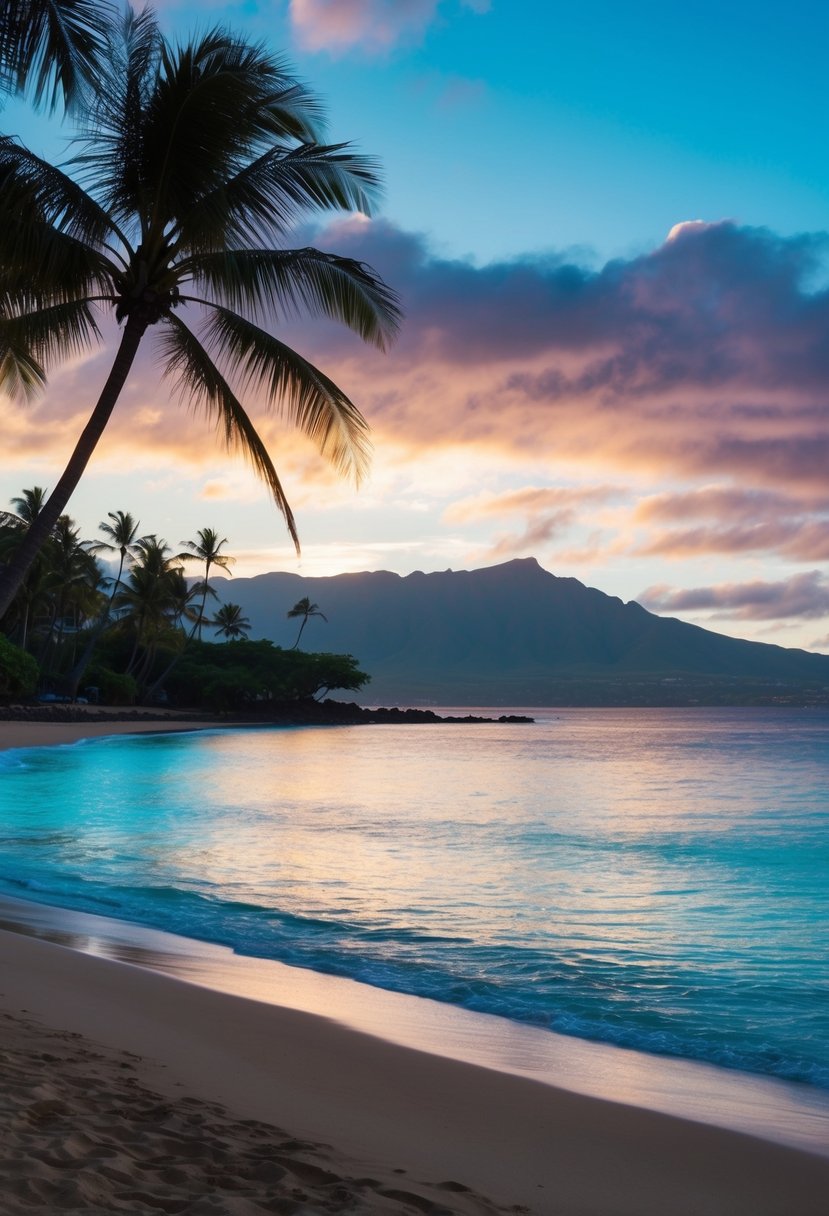 A serene beach at sunset in Maui, Hawaii, with palm trees, turquoise waters, and a colorful sky