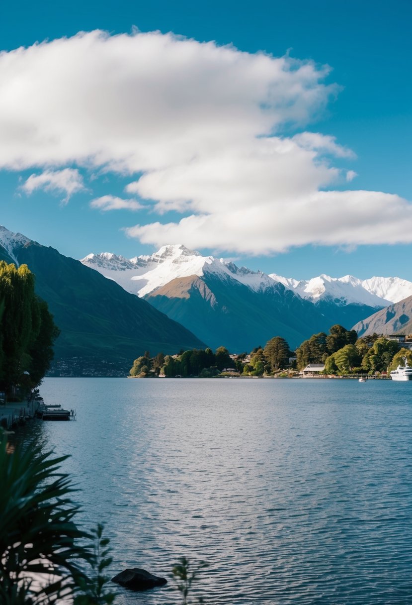 A serene lakeside view with snow-capped mountains in the background and lush greenery in Queenstown, New Zealand