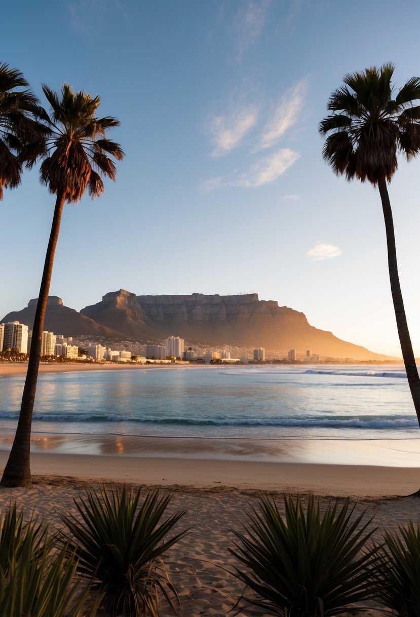 A serene beach at sunset in Cape Town, with Table Mountain in the background and a couple of palm trees swaying in the gentle breeze