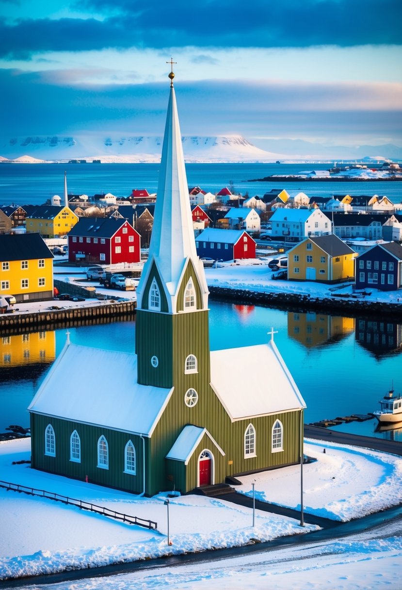 A snowy landscape with the iconic Hallgrímskirkja church in Reykjavik, Iceland, surrounded by colorful houses and the tranquil waters of the harbor