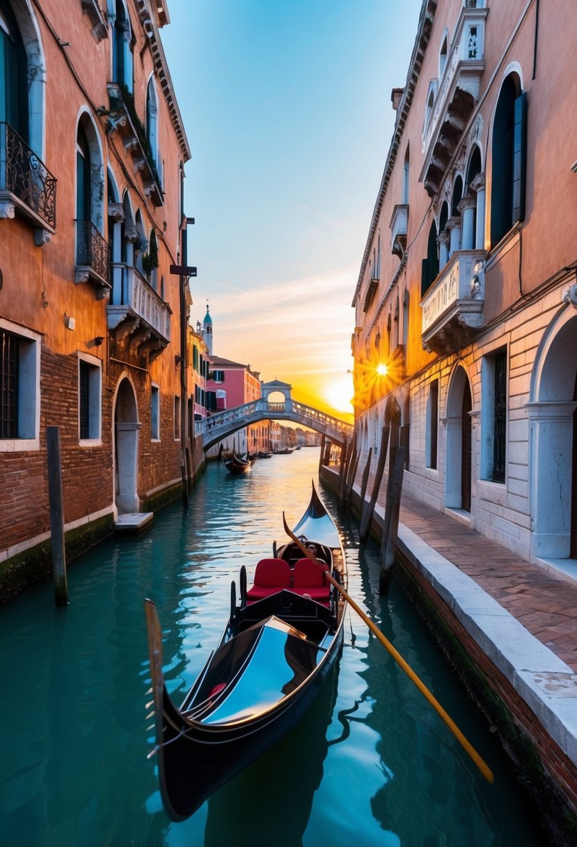 A gondola gliding through narrow canals, past colorful buildings and under arched bridges, with the sun setting over the water