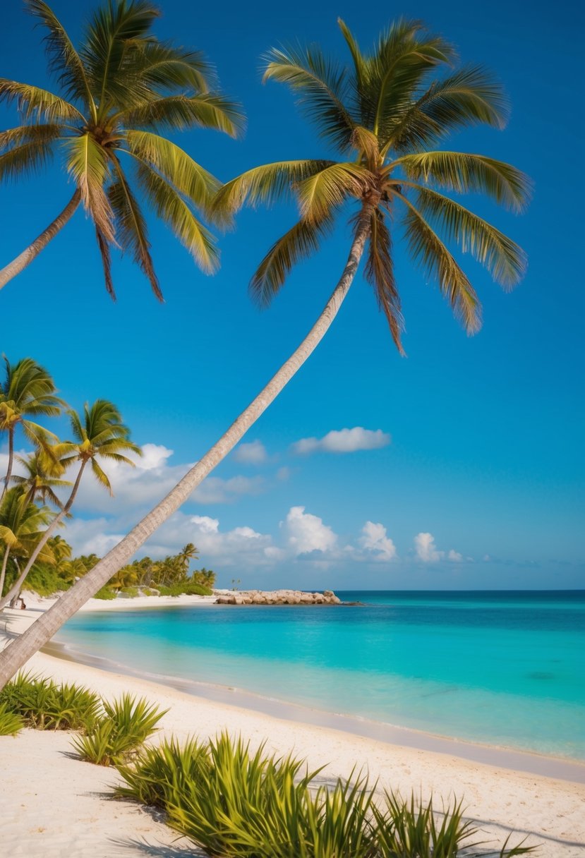 A tranquil beach at Tulum, Mexico with palm trees, turquoise waters, and a clear blue sky, perfect for a honeymoon getaway in January