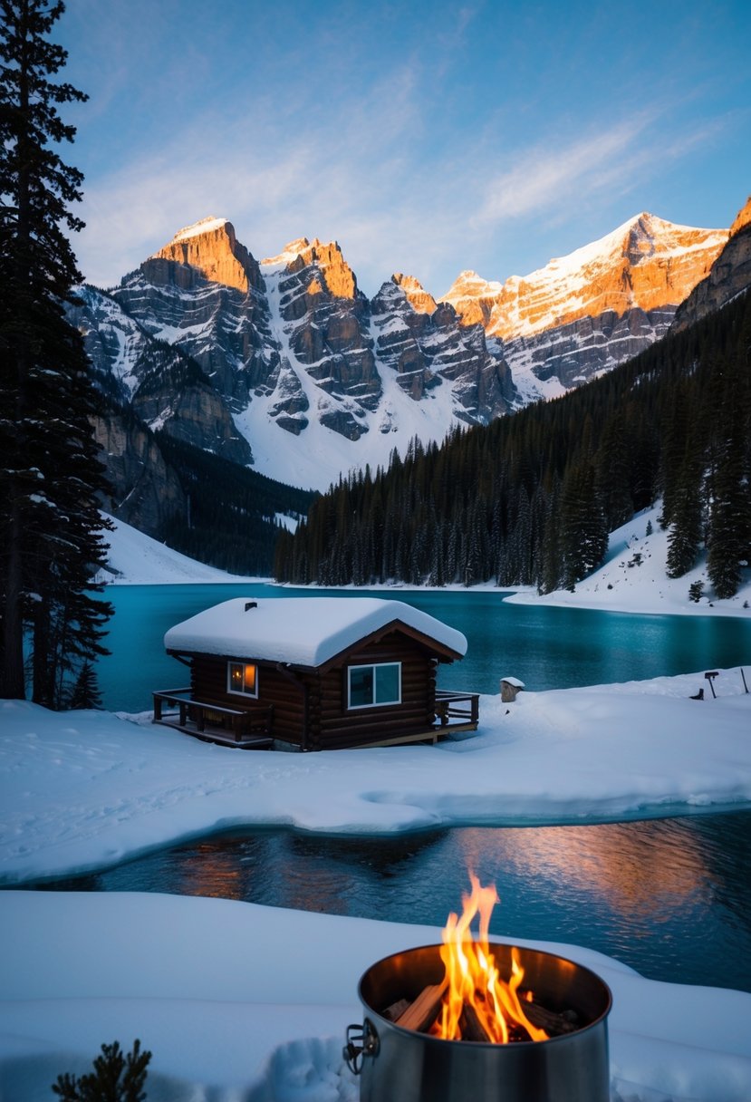 Snow-covered mountains and frozen lakes in Banff, Canada. A cozy cabin nestled in the woods with a warm fire burning inside