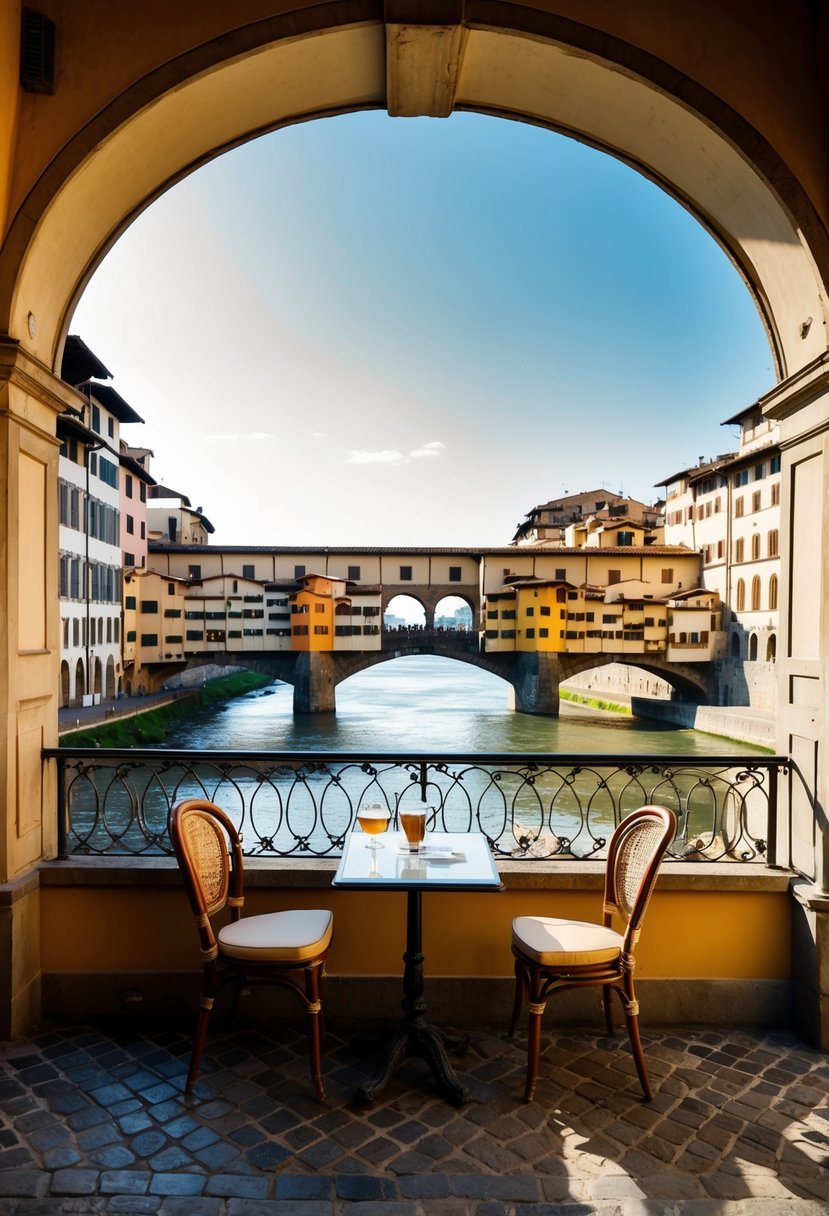 A cozy cafe in Florence, Italy, with a view of the iconic Ponte Vecchio bridge and the Arno River, surrounded by charming cobblestone streets and historic buildings