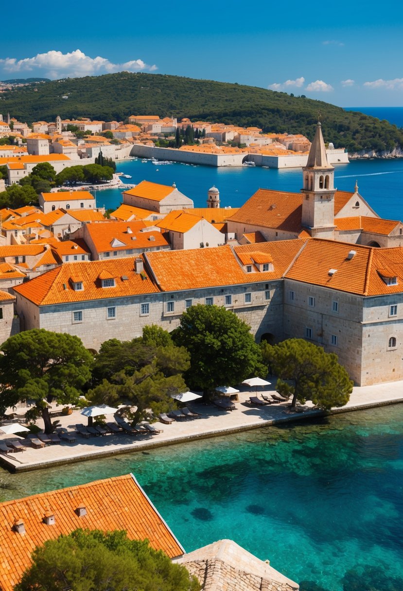 A scenic view of Dubrovnik's old town with terracotta roofs, clear blue waters, and lush greenery under a sunny sky