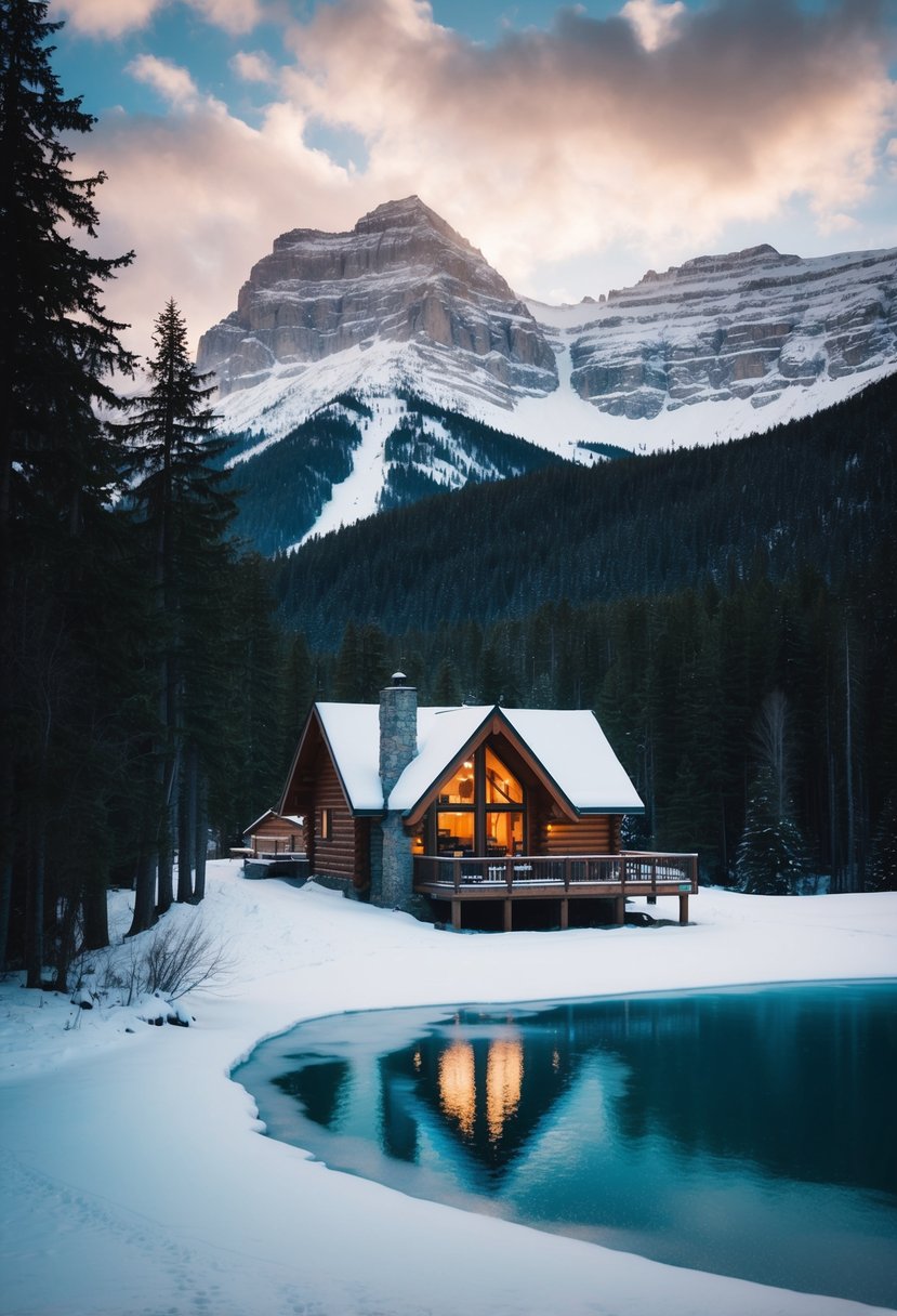 A cozy cabin nestled in a snowy forest, with a backdrop of majestic mountains and a frozen lake, creating a serene and romantic setting for a honeymoon in Whistler, Canada in January