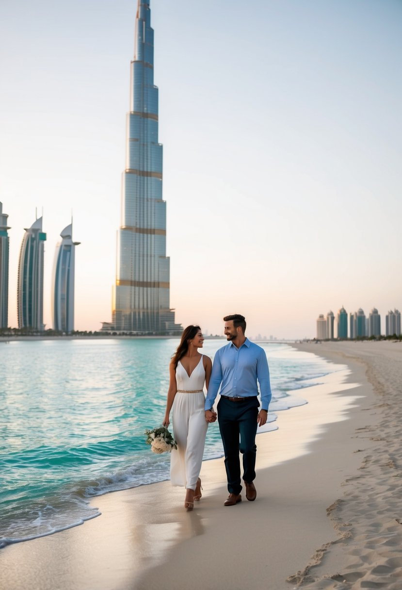 A couple strolling along the pristine beaches of Dubai, with the iconic Burj Khalifa and luxury resorts in the background