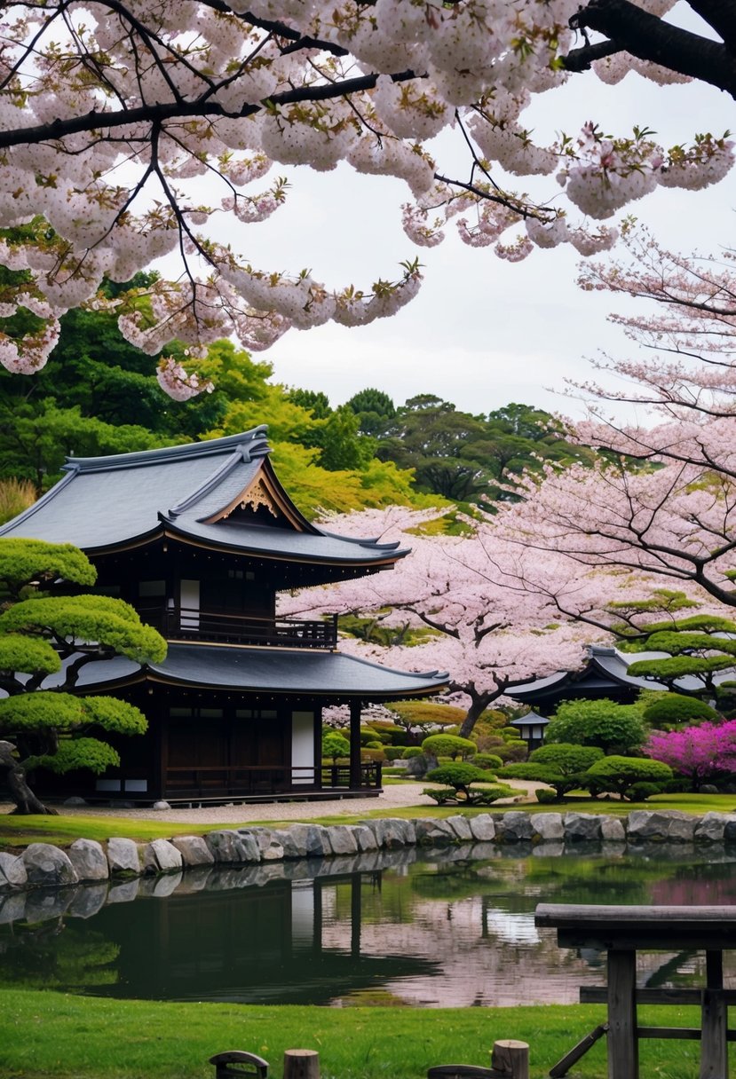 A serene Kyoto garden with blooming cherry blossoms and traditional wooden architecture, set against a backdrop of lush greenery and a tranquil pond