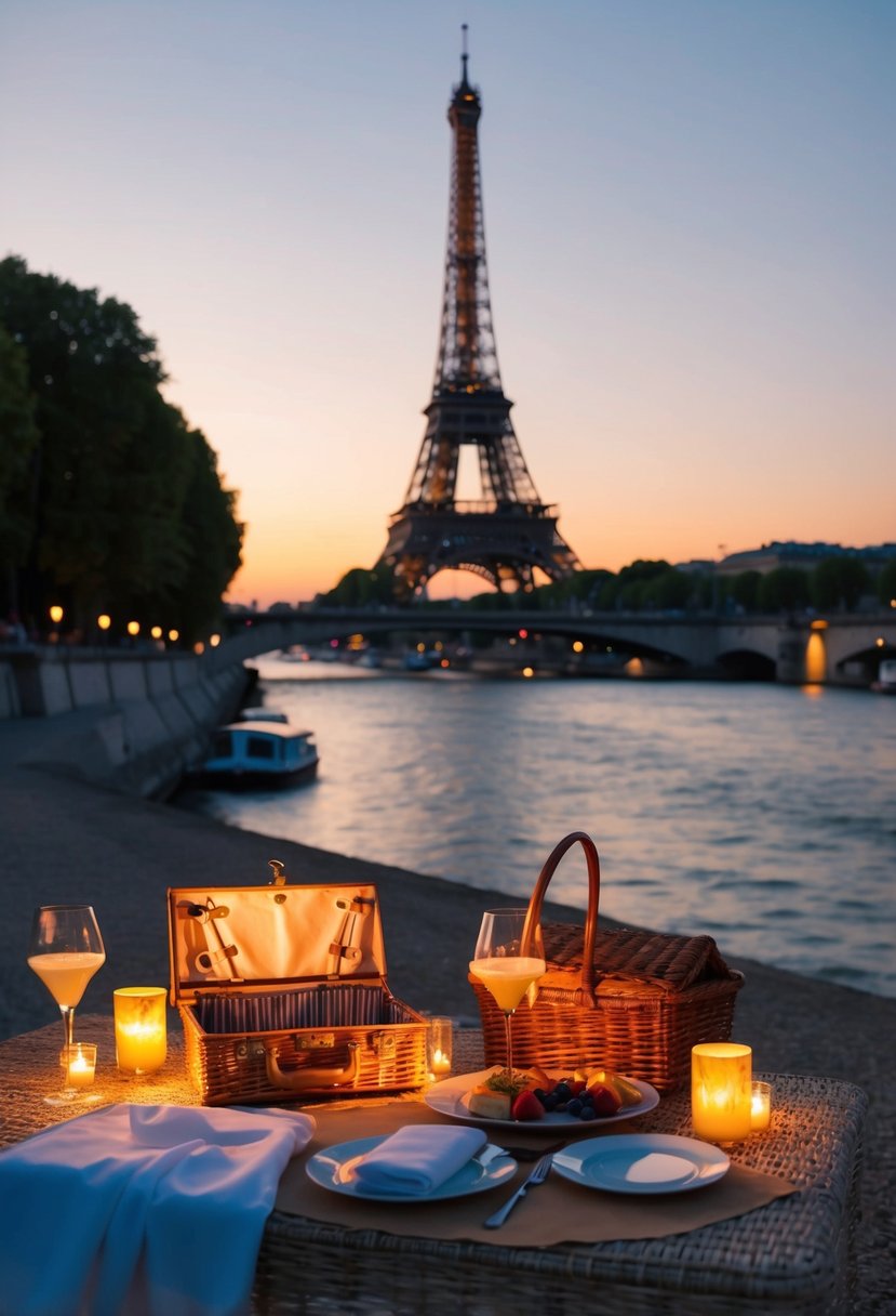A romantic evening picnic along the Seine River with the Eiffel Tower in the background