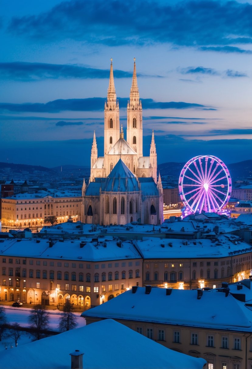 A snow-covered Vienna skyline at dusk, with the iconic St. Stephen's Cathedral and the illuminated Ferris wheel at the Prater amusement park in the background