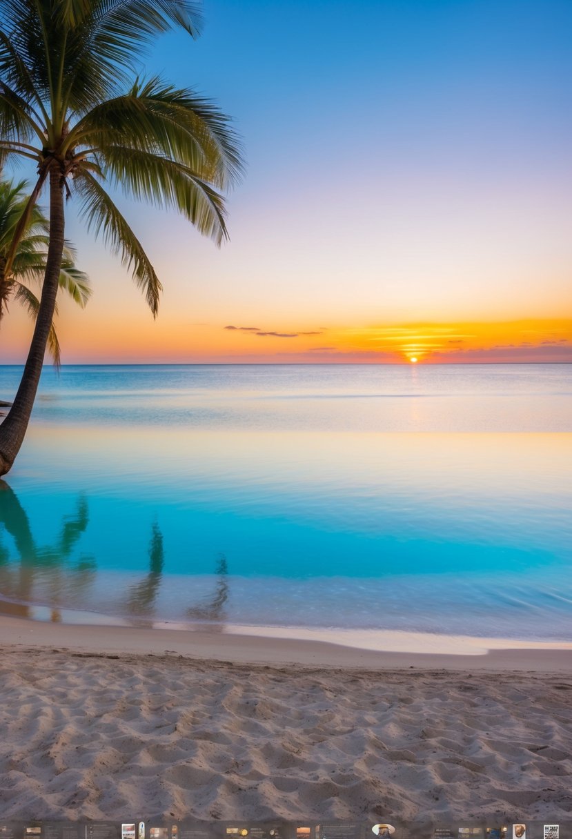 A serene beach with crystal clear waters, palm trees, and a colorful sunset over the horizon