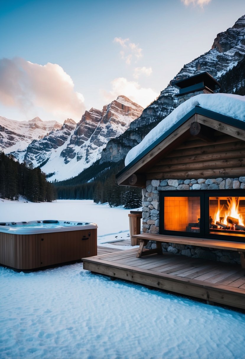 A cozy cabin nestled in snowy mountains, with a crackling fireplace and a hot tub overlooking a frozen lake