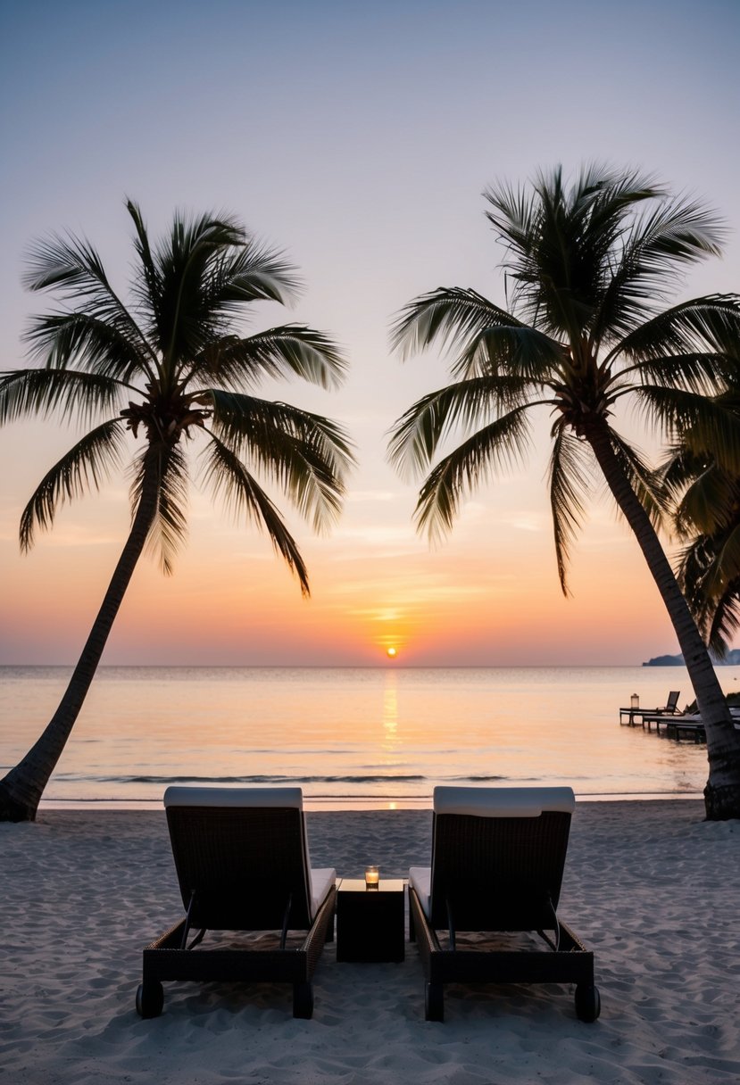 A serene beach at sunset, with palm trees, a calm sea, and a couple of lounge chairs set up for a romantic evening