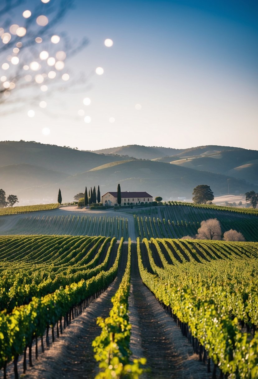 Rolling hills of Napa Valley vineyards under a clear January sky, with a cozy winery nestled in the distance