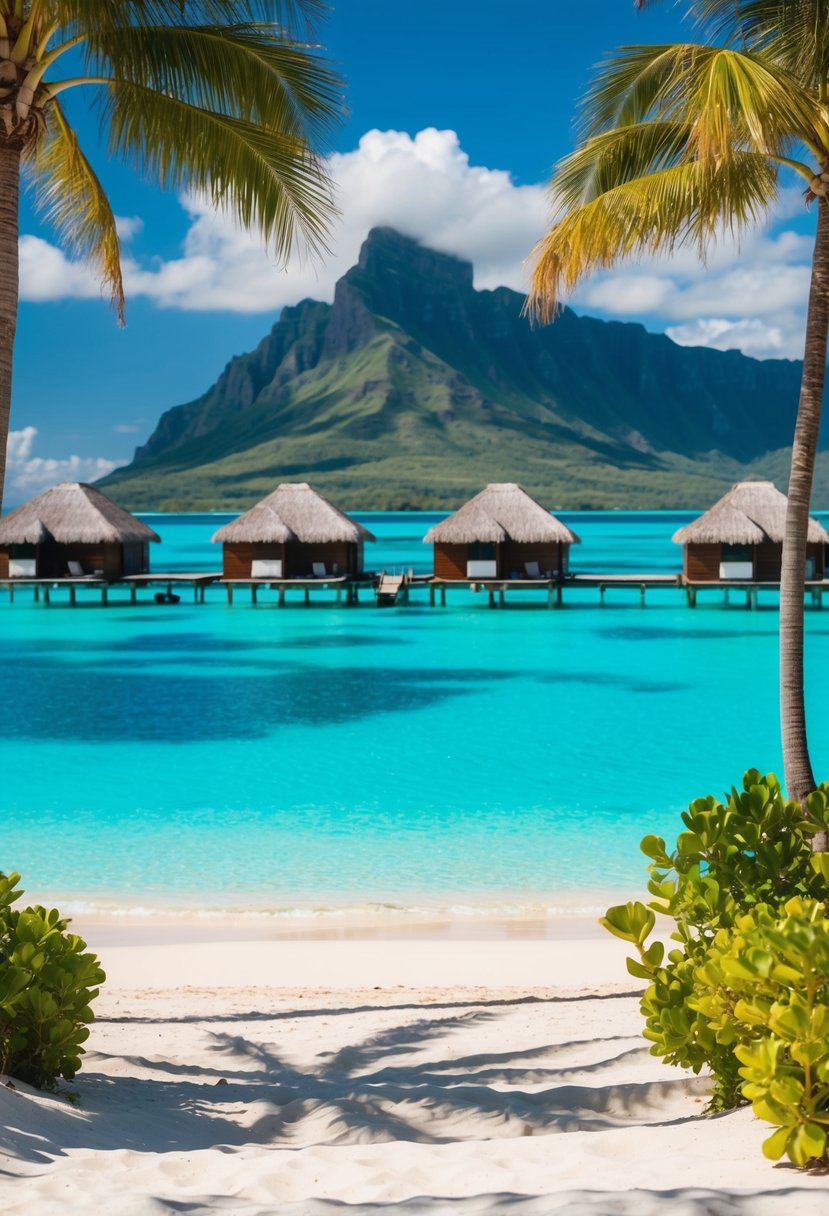 Turquoise lagoon with overwater bungalows, palm trees, and Mount Otemanu in the background on a sunny day in Bora Bora, French Polynesia