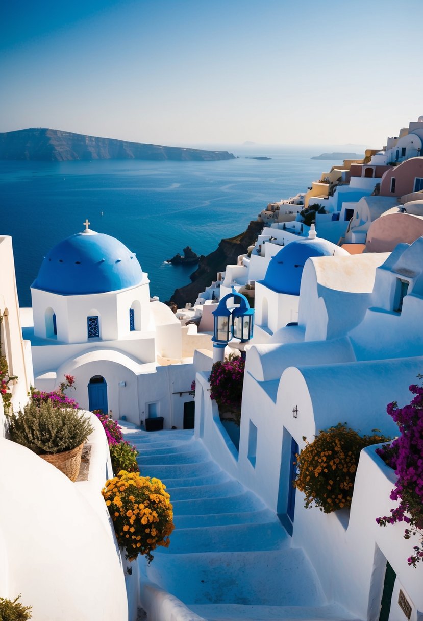 The iconic blue-domed buildings of Santorini overlook the sparkling Aegean Sea, with white-washed walls and colorful flowers lining the narrow cobblestone streets