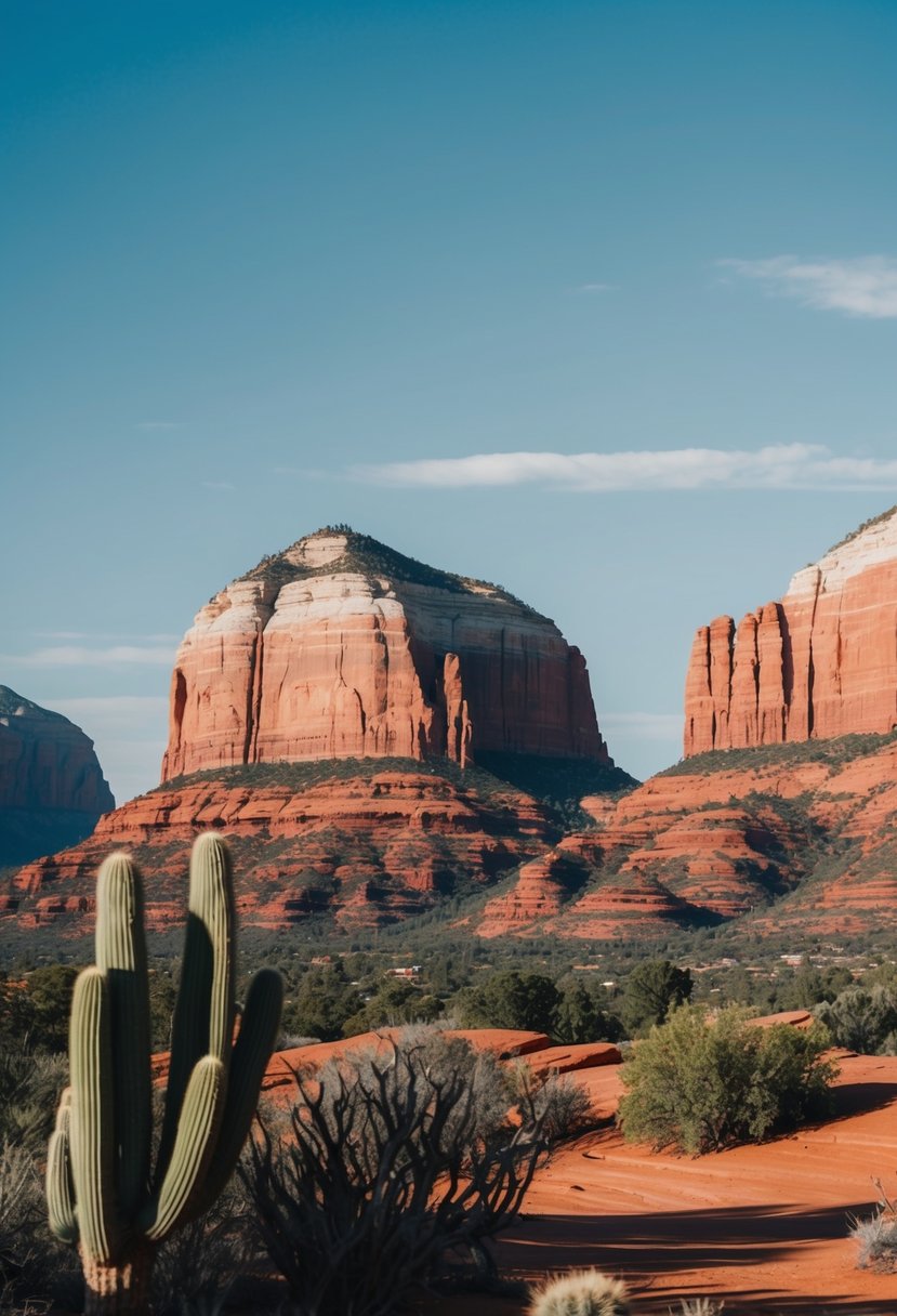 A scenic view of Sedona's red rock formations against a clear blue sky, with cacti and desert vegetation in the foreground