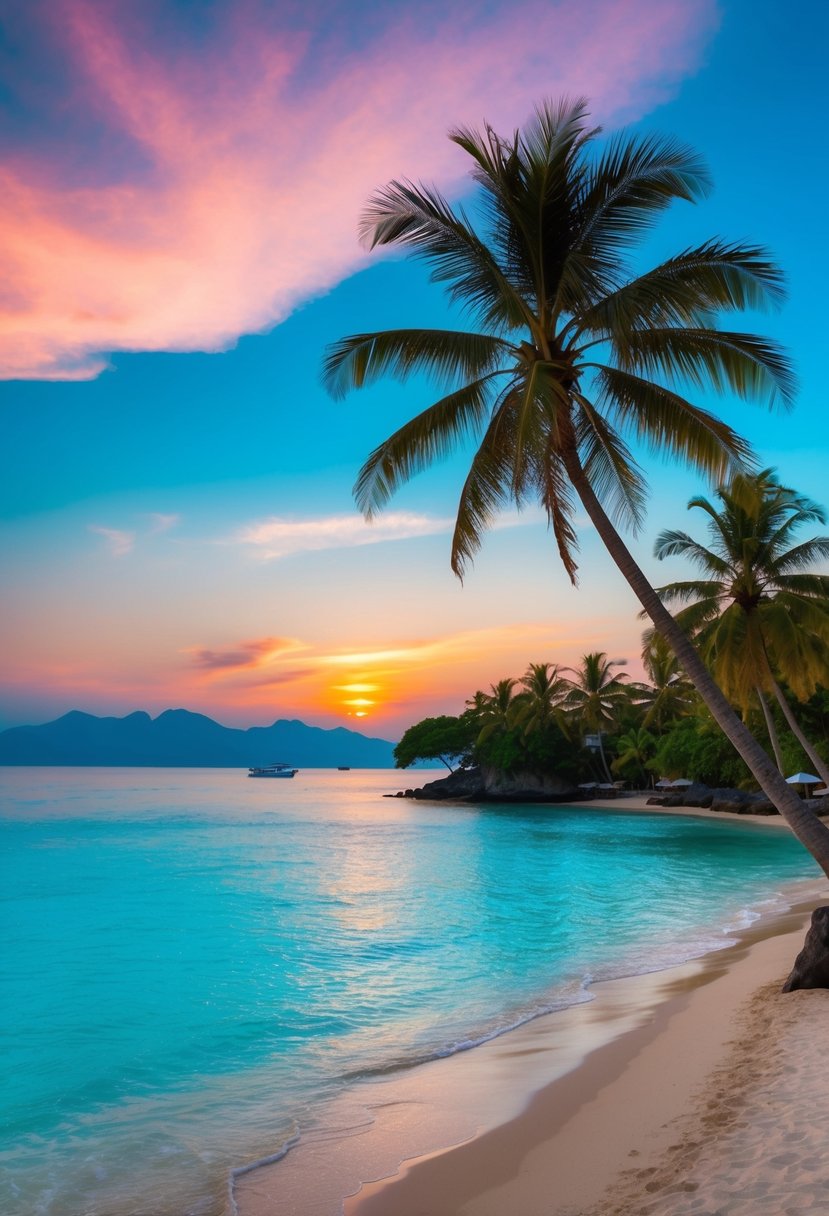 A serene beach in Bali, with crystal clear waters, palm trees, and a stunning sunset, creating the perfect backdrop for a romantic honeymoon getaway in July