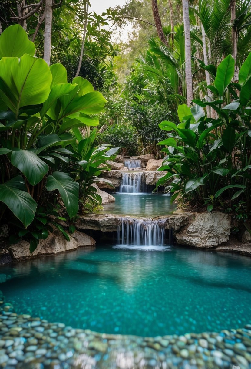 A secluded, crystal-clear mineral spring nestled among lush tropical foliage, with a tranquil and romantic ambiance